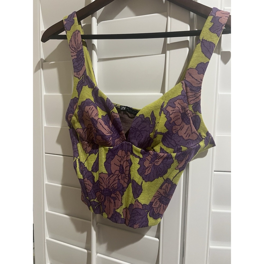 Lime & Purple Floral Lace Bustier Crop Top - Picture 3 of 8